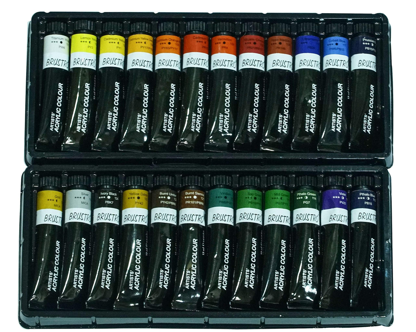BRUSTRO Acrylic Paint Set of 24, Multicolour 12ml Tubes with Acrylic Papers 400 GSM A5, (Contains 18 + 6 Free Sheets) and VelveTouch Artist Brushes set of 6