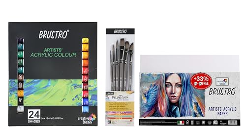 BRUSTRO Acrylic Paint Set of 24, Multicolour 12ml Tubes with Acrylic Papers 400 GSM A5, (Contains 18 + 6 Free Sheets) and VelveTouch Artist Brushes set of 6