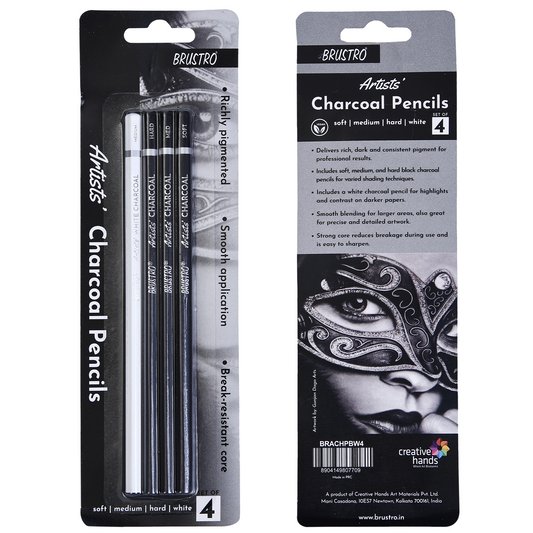 BRUSTRO Artists Charcoal Pencil - Set of 4 (3 Black Shade - Soft, Medium, Hard and 1 White - Medium) | Ideal for Drawing, Shading, Coloring, Sketching, Artwork, Portrait, Landscape, Smooth Blending