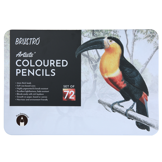 BRUSTRO Artists Colour Pencil | 6B, Set of 72 (in an Elegant tin Box) | Ideal for Students,Adults,Multiple Colors,Bright,Vibrant,Fade Resistant,DIY Art,Highly Pigmented, School, Safe use for Children