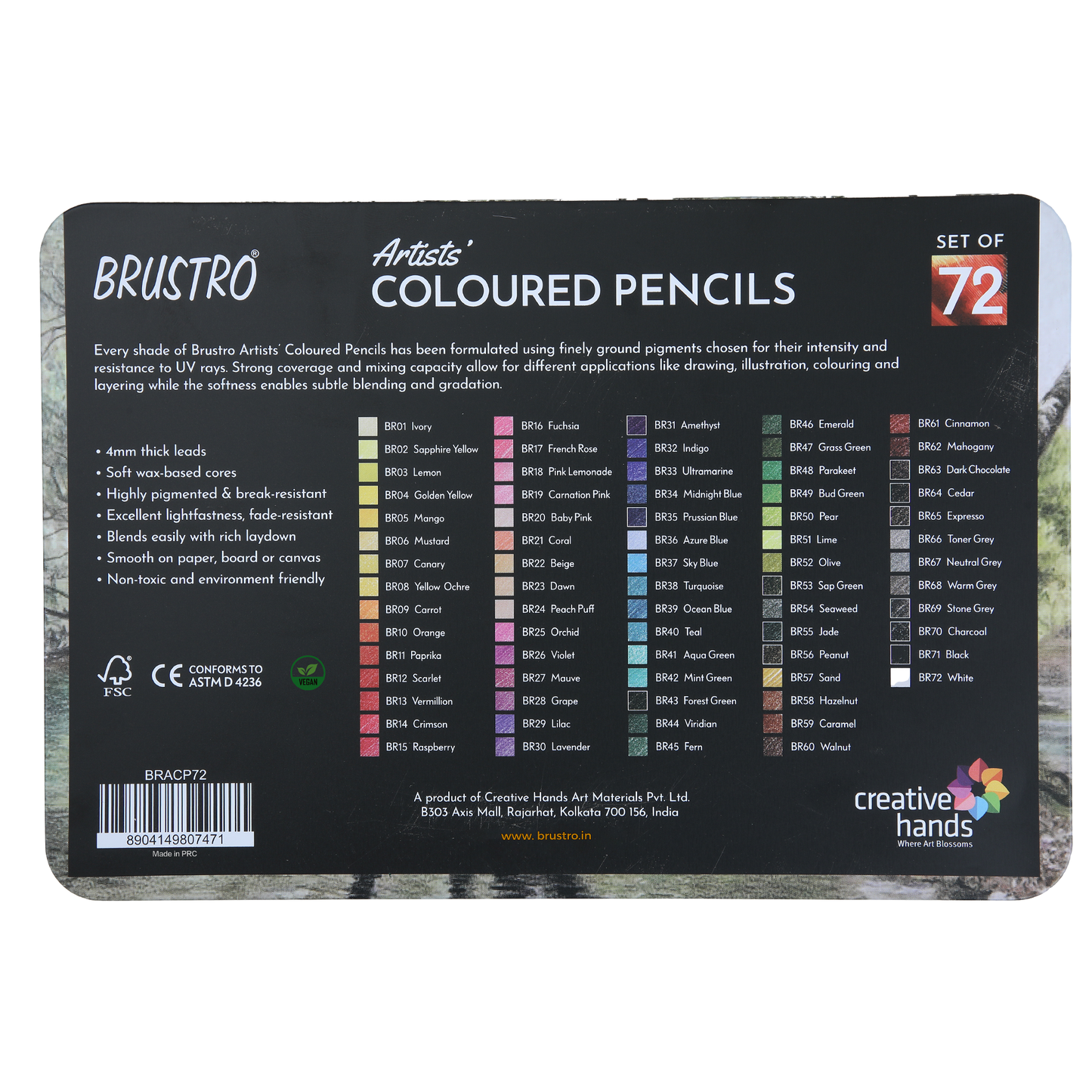 BRUSTRO Artists Colour Pencil | 6B, Set of 72 (in an Elegant tin Box) | Ideal for Students,Adults,Multiple Colors,Bright,Vibrant,Fade Resistant,DIY Art,Highly Pigmented, School, Safe use for Children