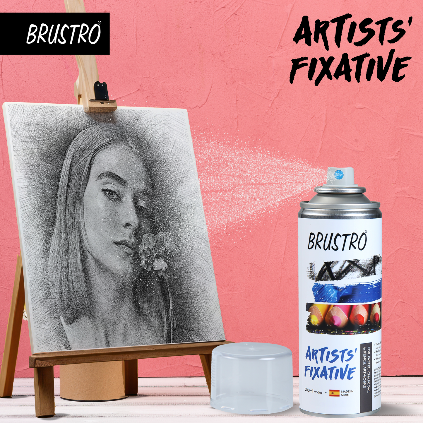 BRUSTRO Artist's Fixative Spray Can | 200ml | Transparent | Perfect use on Pastel Colors,Charcoal, Chalk Drawing,Non-yellowing Pencil & Sketching Artworks, Proffessional Arts, Fast Drying