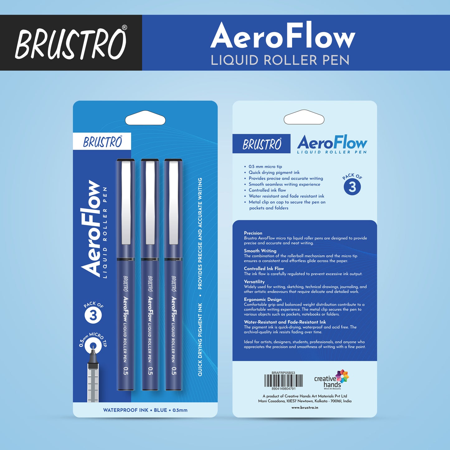 BRUSTRO AeroFlow Liquid Ink Rollerball Pens | Blue | 0.5mm, Micro Tip | Pack of 3| Ideal for Students, Professionals, Office, Exam use, Accurate Smooth Writing, Fade Resistant