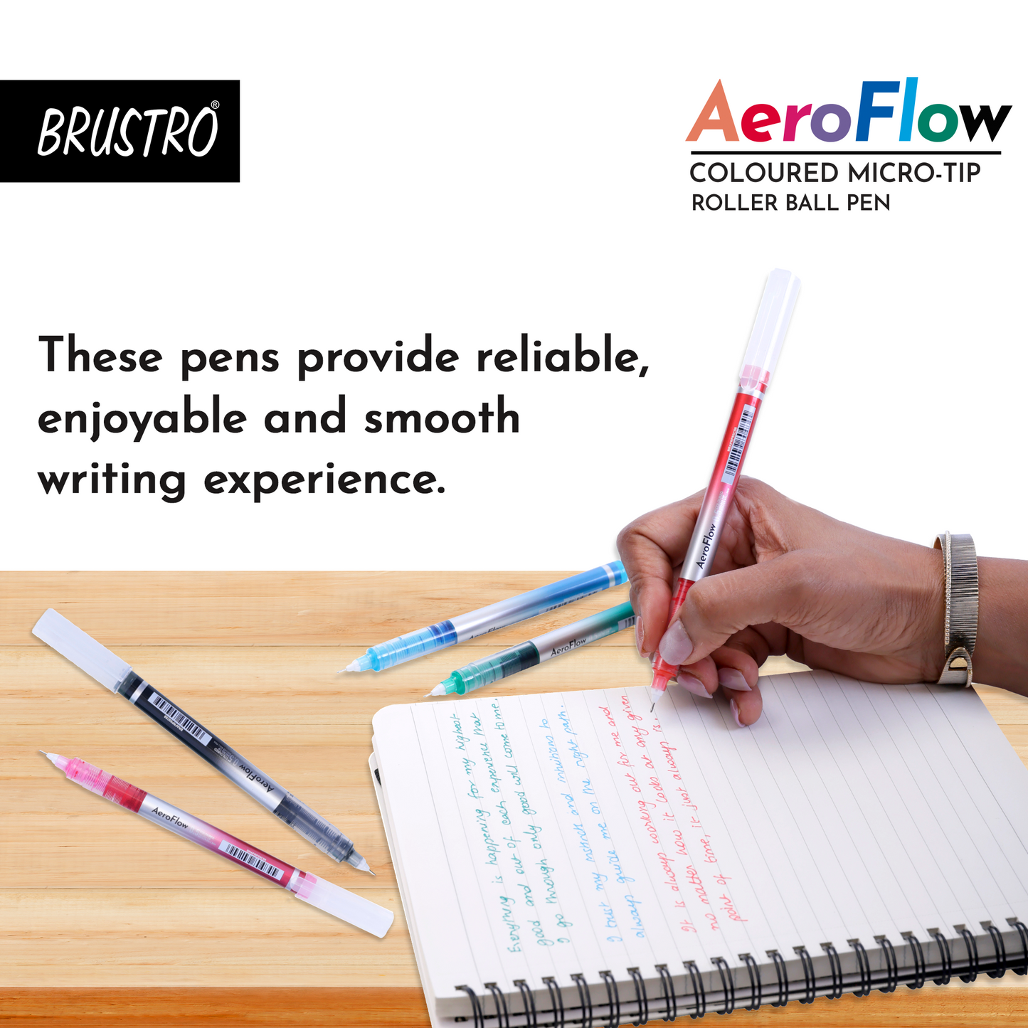 BRUSTRO AeroFlow Coloured Micro-Tip Roller Ball Pen | Tip size - 0.5 mm - Set of 8 |Leakproof, Quick Dry, Acid-Free, Non-Toxic,Fade Resistant,Ideal for Drawing,Doodling, Office, Stationery, School use