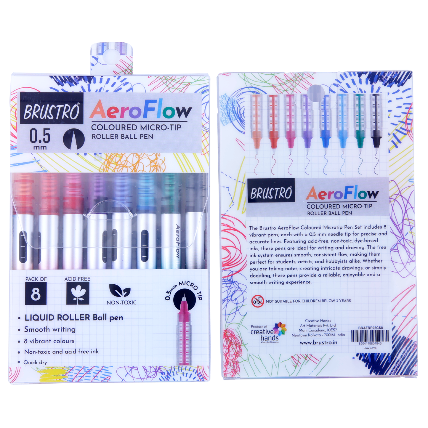 BRUSTRO AeroFlow Coloured Micro-Tip Roller Ball Pen | Tip size - 0.5 mm - Set of 8 |Leakproof, Quick Dry, Acid-Free, Non-Toxic,Fade Resistant,Ideal for Drawing,Doodling, Office, Stationery, School use