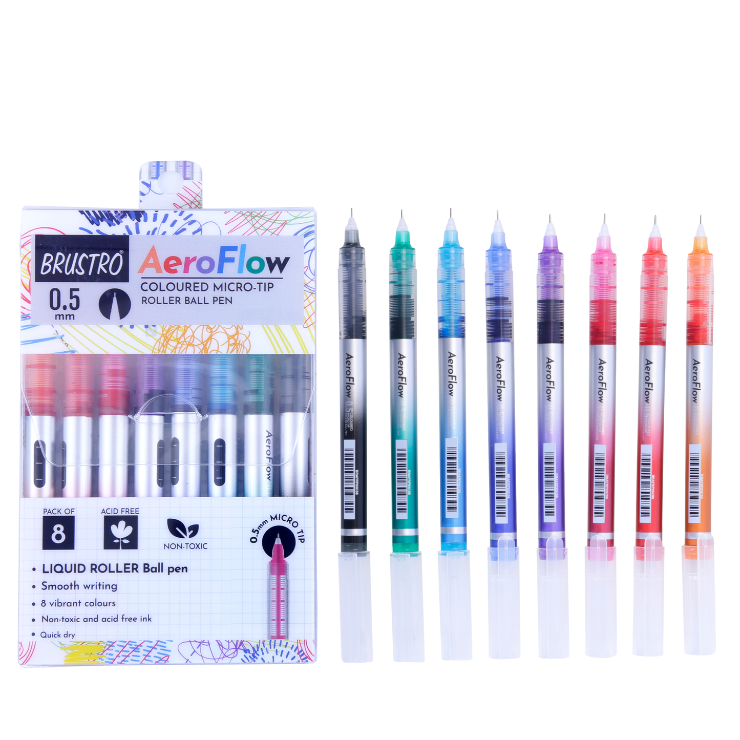 BRUSTRO AeroFlow Coloured Micro-Tip Roller Ball Pen | Tip size - 0.5 mm - Set of 8 |Leakproof, Quick Dry, Acid-Free, Non-Toxic,Fade Resistant,Ideal for Drawing,Doodling, Office, Stationery, School use