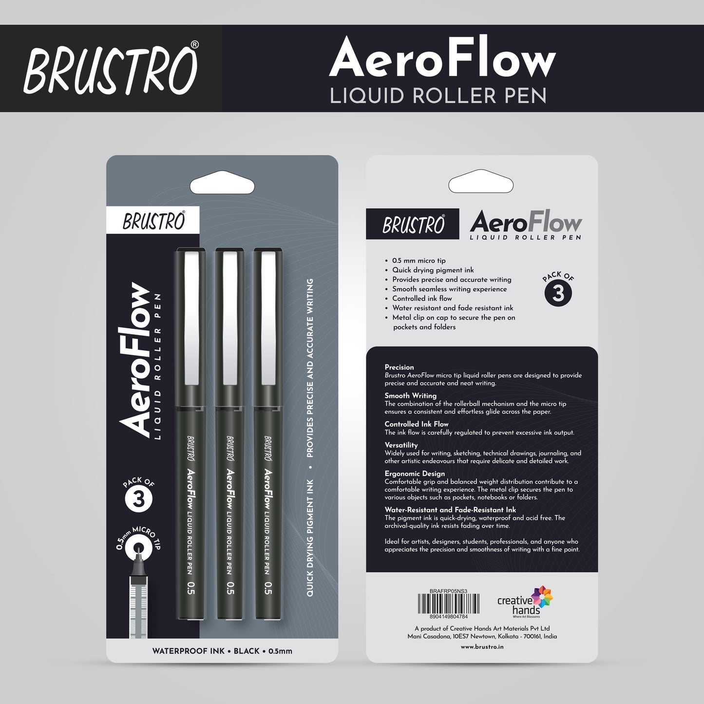 BRUSTRO AeroFlow Liquid Ink Rollerball Pens | Black | 0.5mm, Micro Tip | Pack of 3 | Ideal for Students, Professionals, Office, Exam use, Accurate Smooth Writing, Fade Resistant