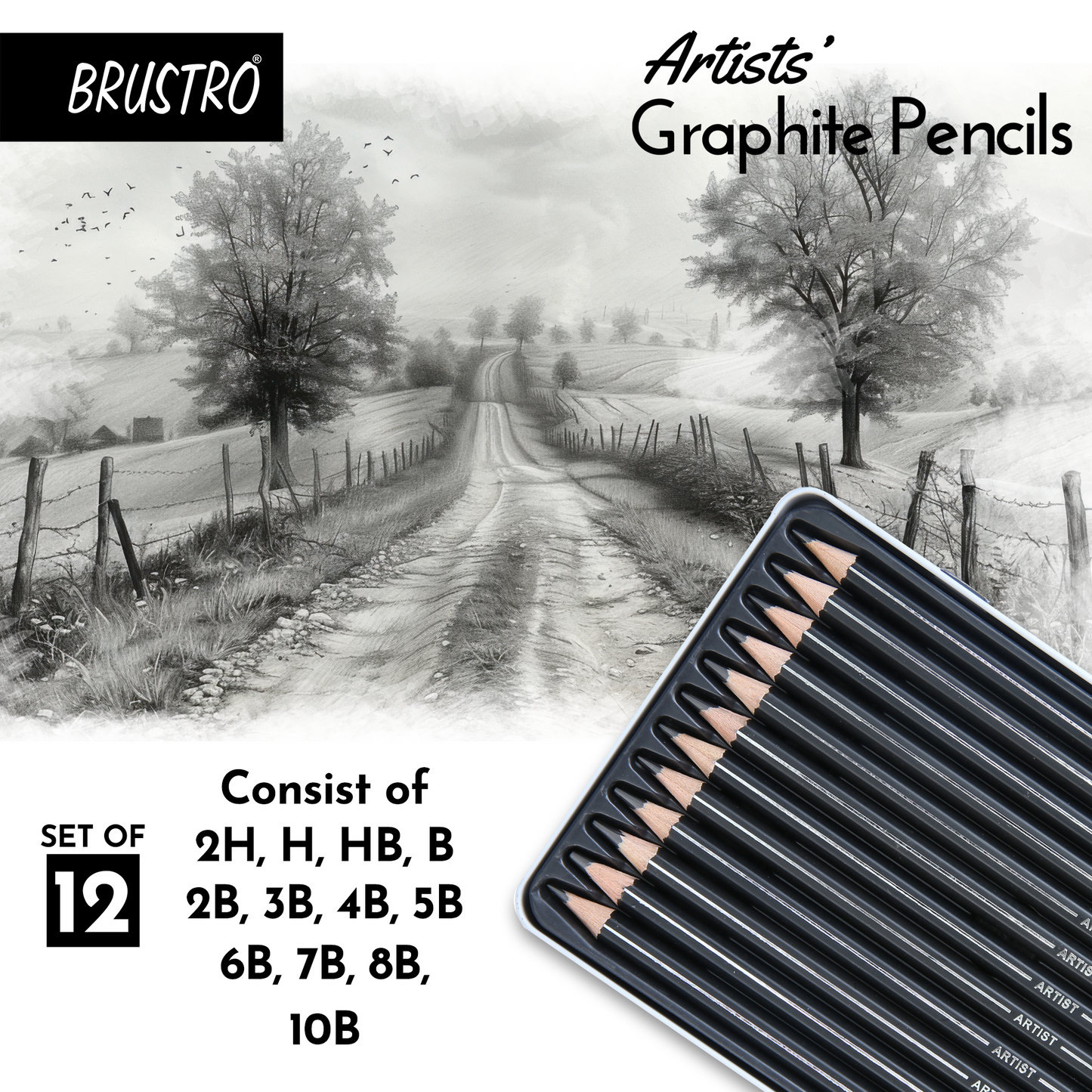 Brustro Sketching Wiro Pad,5x7 inches,160 GSM,30 Sheets with Graphite Pencil set of 12 (10B–2H)Tin Box. Sketch and Drawing Gift