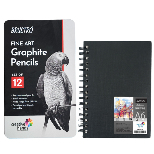 BRUSTRO Artists ’ FINEART Graphite Pencil Set of 12 (10B-2H) with Brustro Artists Sketchbook A6 Size Wiro Bound 116 Pages 160 GSM