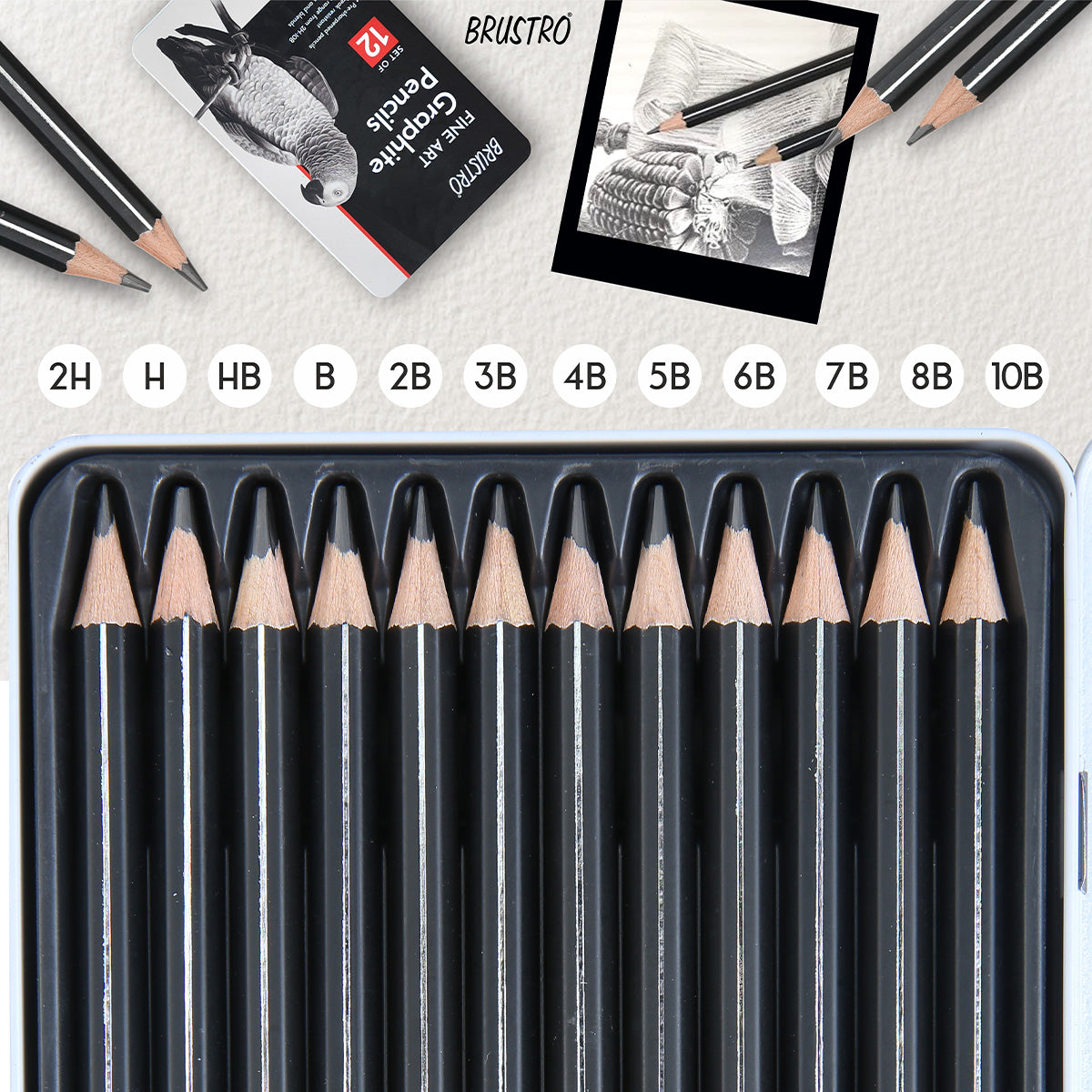 BRUSTRO Artists Fineart Graphite Pencil Set of 12(10B-2H) with Elegant Tin Box With Studio Drawing Book,Blank 80 Pages, Wiro Bound, A4(8.3x11.7 inches), 140 GSM,Perforated Sheets|For Sketching,Writing