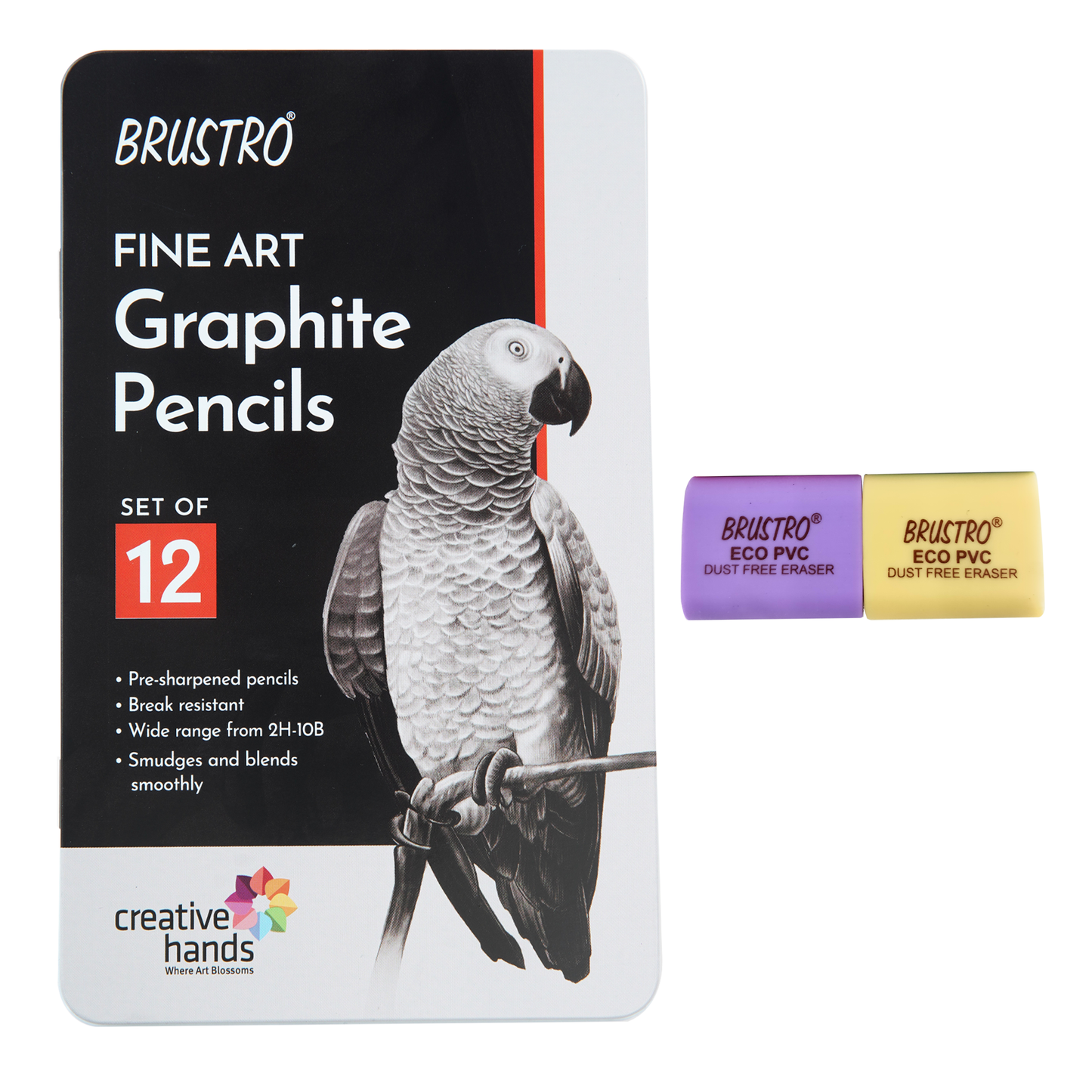 BRUSTRO Artists Fineart Graphite Pencil Set of 12 (10B-2H) ECO PVC dust Free Eraser (Pack of 2)