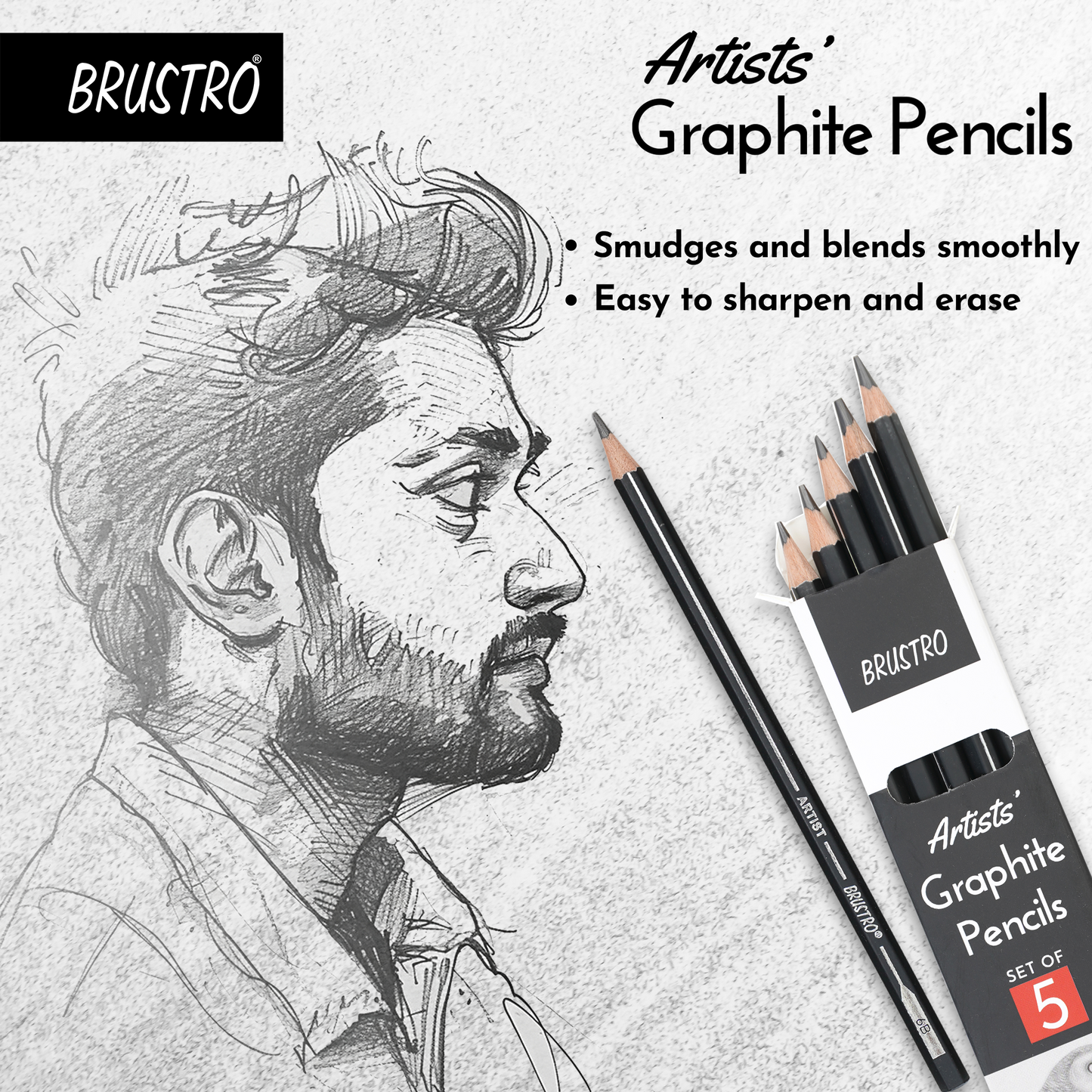 BRUSTRO Artist's Graphite Pencil Set of 5,Pre-Sharpened,Break-resistant With Studio Drawing Book,Blank 80 Pages, Wiro Bound, A5(5.8x8.3 inches), 140 GSM,Perforated Sheets|Ideal for Sketching,Writing