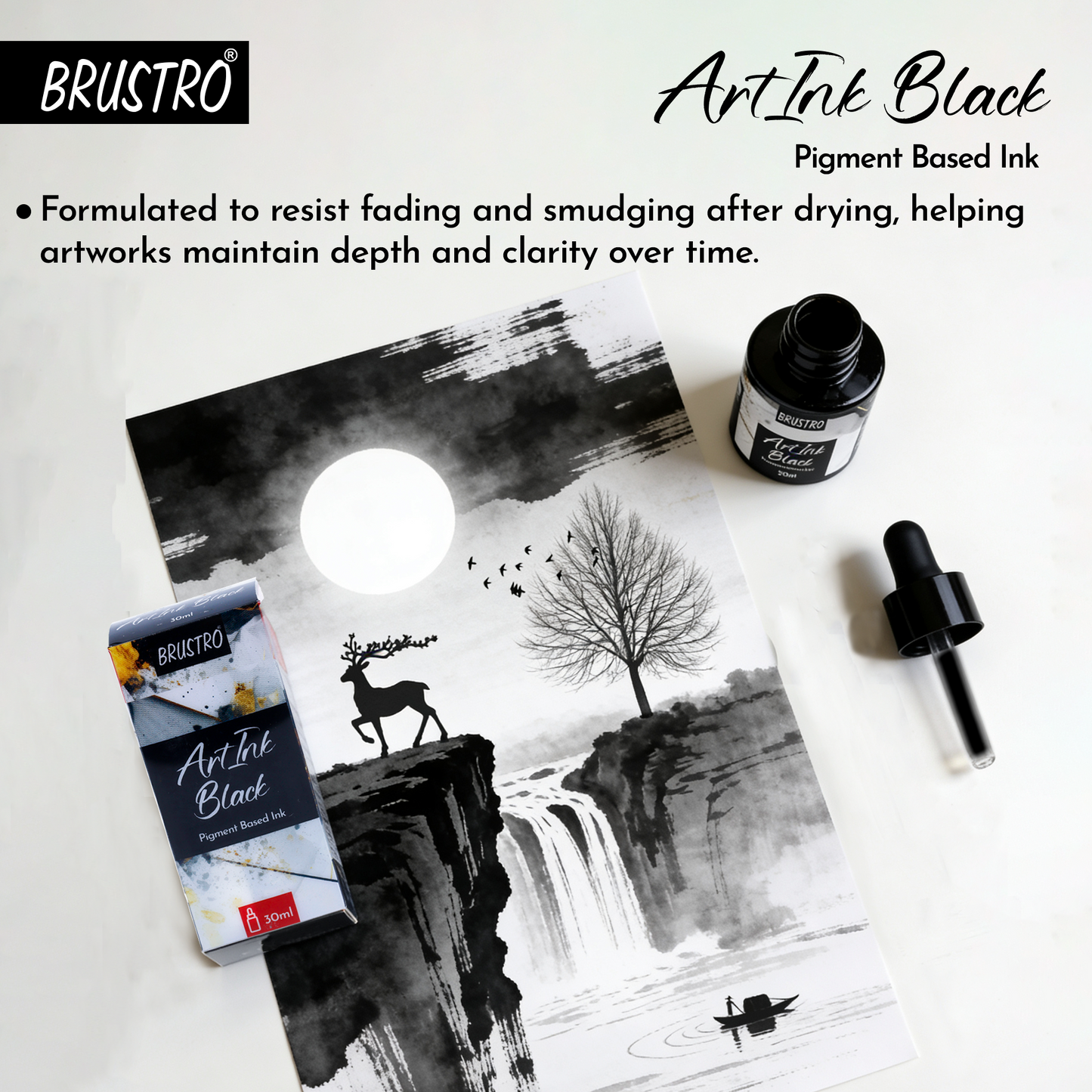BRUSTRO ArtInk Pigment Based Ink, Black, 30ml | Water-Resistant & Lightfast, Ideal for Drawing, Calligraphy, Brush and Dip Pens, Illustration, Journaling & Detailed Artwork