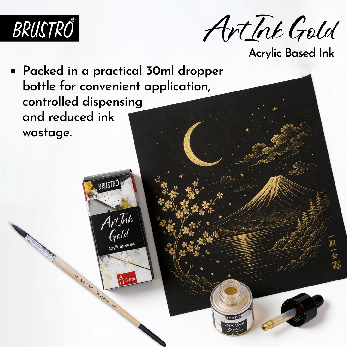 BRUSTRO ArtInk Acrylic Based Ink, Gold, 30ml | Metallic, Water-Resistant & Lightfast, Ideal for Drawing, Calligraphy, Brush Pens, Illustration, Journaling & Creative Artwork