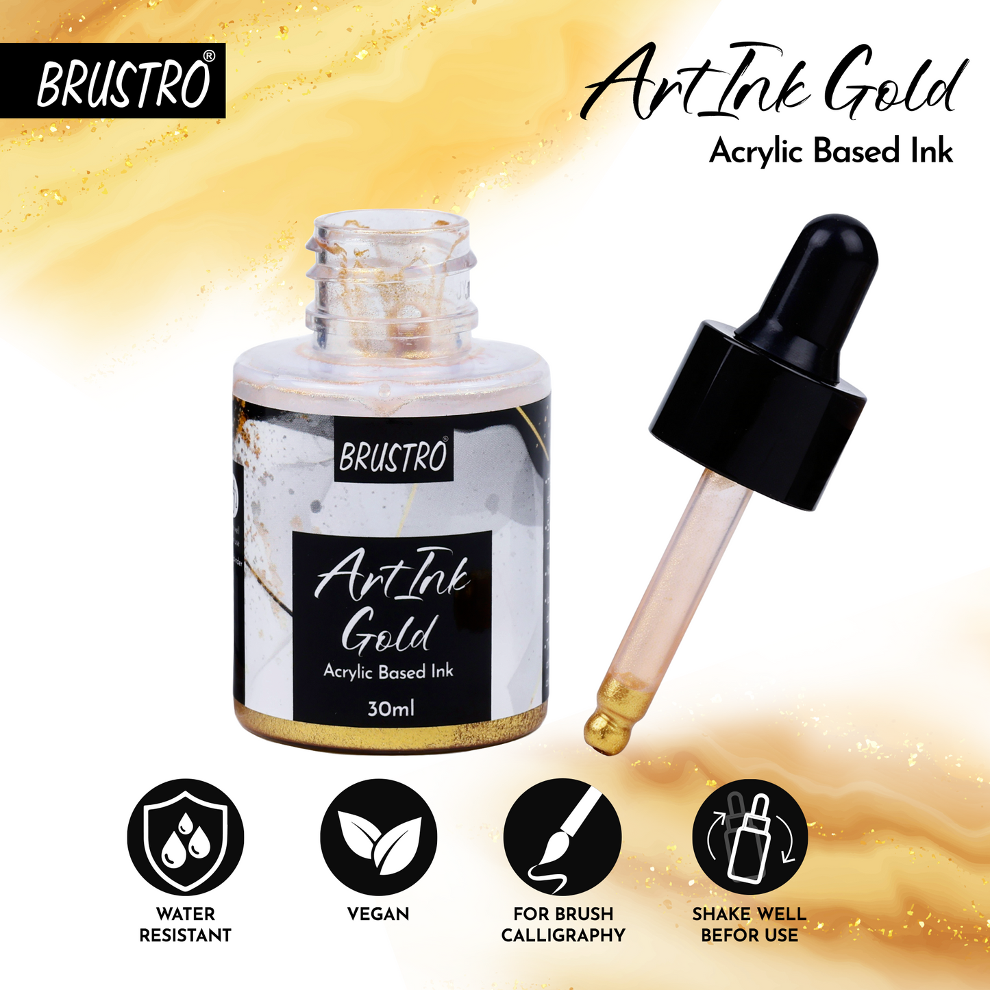 BRUSTRO ArtInk Acrylic Based Ink, Gold, 30ml | Metallic, Water-Resistant & Lightfast, Ideal for Drawing, Calligraphy, Brush Pens, Illustration, Journaling & Creative Artwork