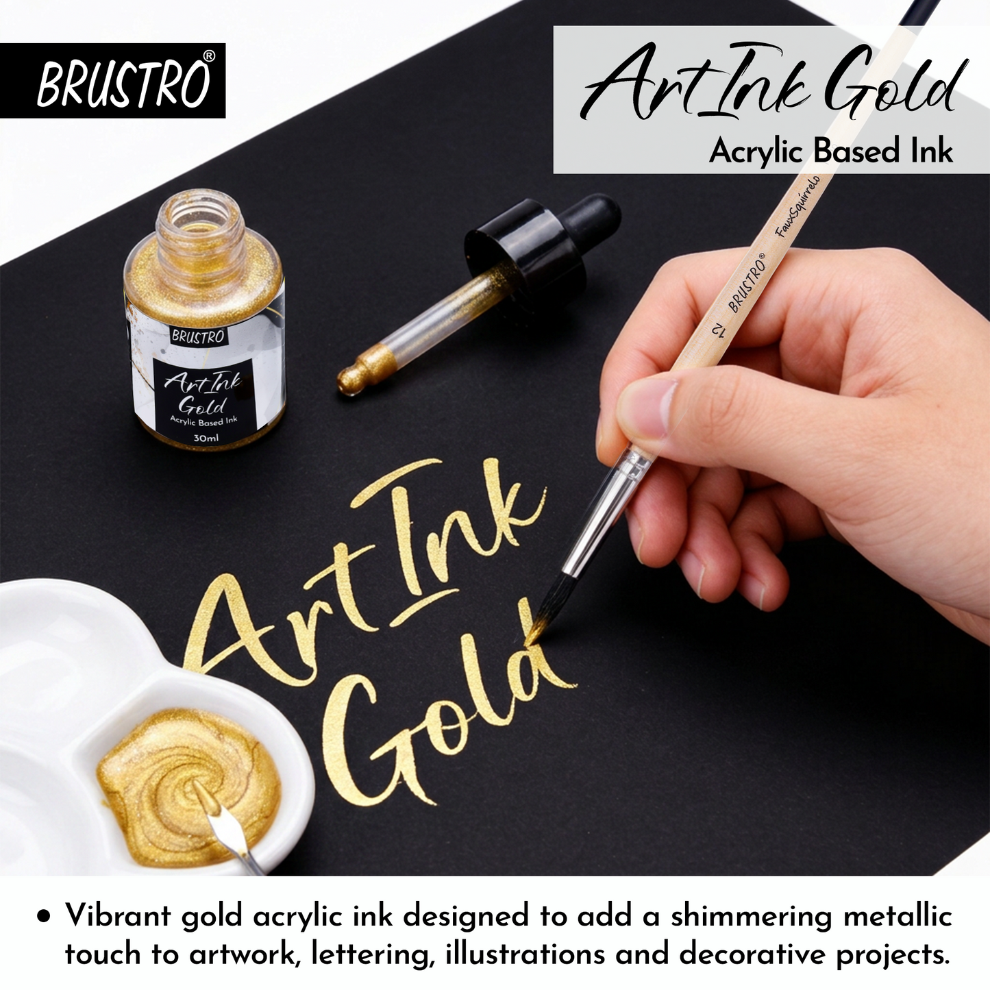 BRUSTRO ArtInk Acrylic Based Ink, Gold, 30ml | Metallic, Water-Resistant & Lightfast, Ideal for Drawing, Calligraphy, Brush Pens, Illustration, Journaling & Creative Artwork
