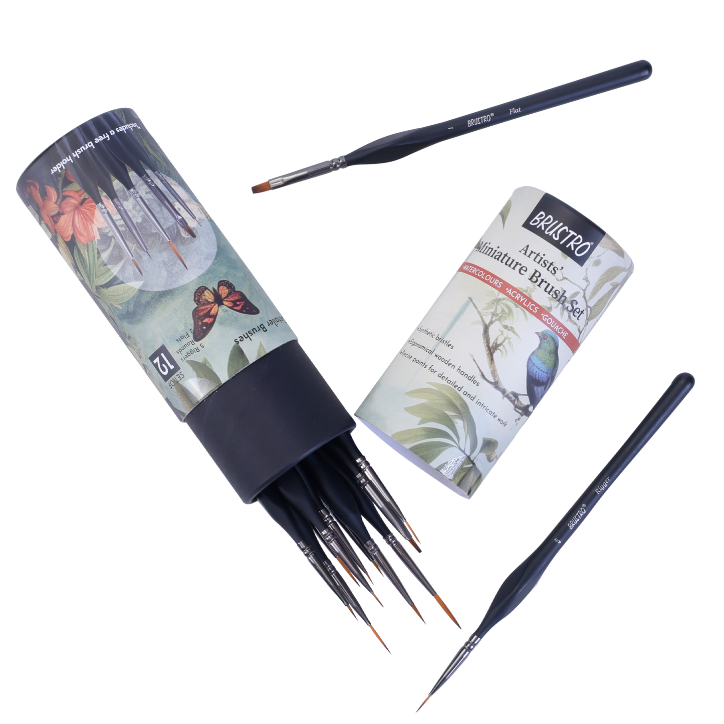 BRUSTRO Artists’ Miniature Precision Brushes - Set of 12 | Synthetic Bristles, Detail Fine Tip | Ideal for Watercolour, Acrylic, Gouache & Oil Colors , Art Painting Tools, Paint Brush Set.