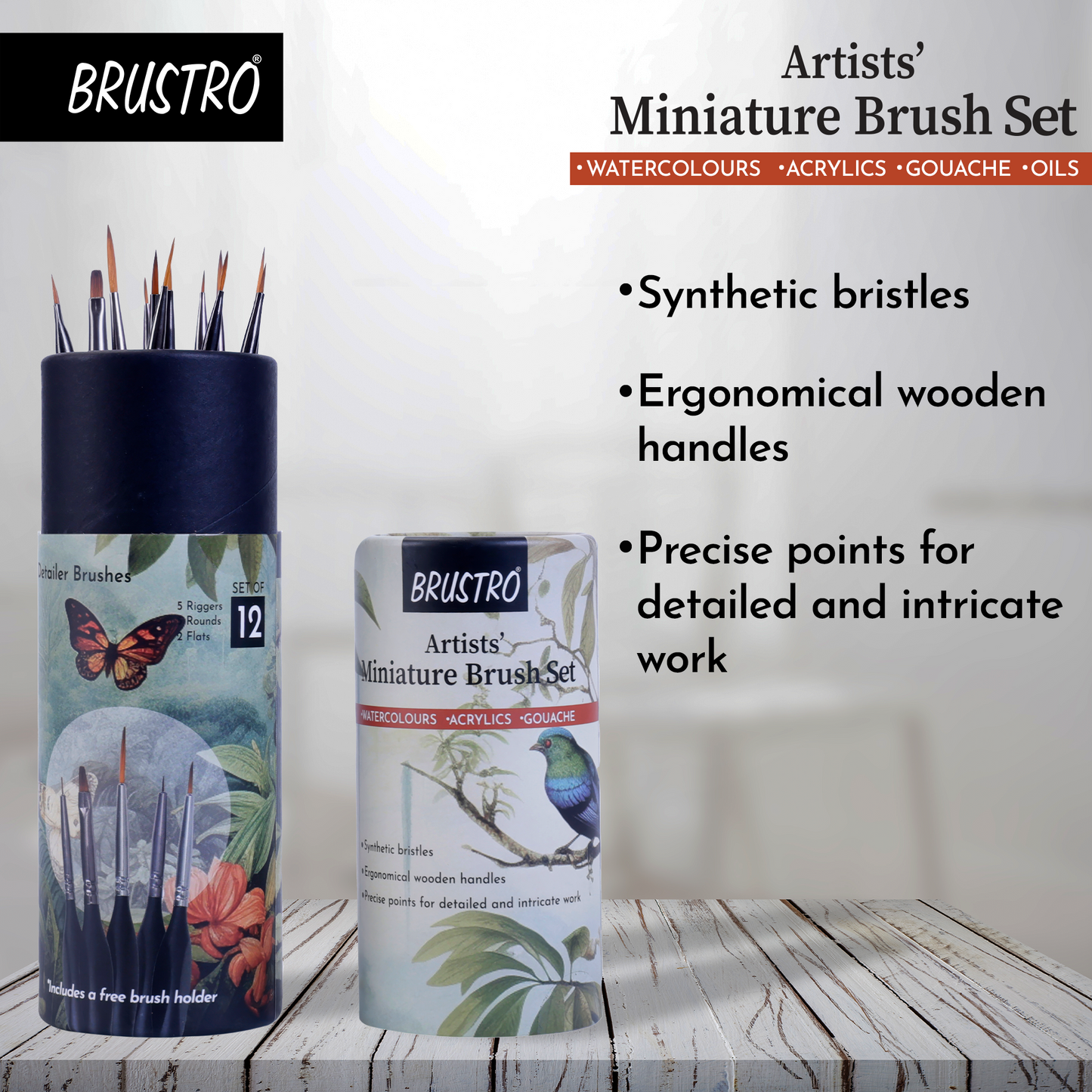 BRUSTRO Artists’ Miniature Precision Brushes - Set of 12 | Synthetic Bristles, Detail Fine Tip | Ideal for Watercolour, Acrylic, Gouache & Oil Colors , Art Painting Tools, Paint Brush Set.