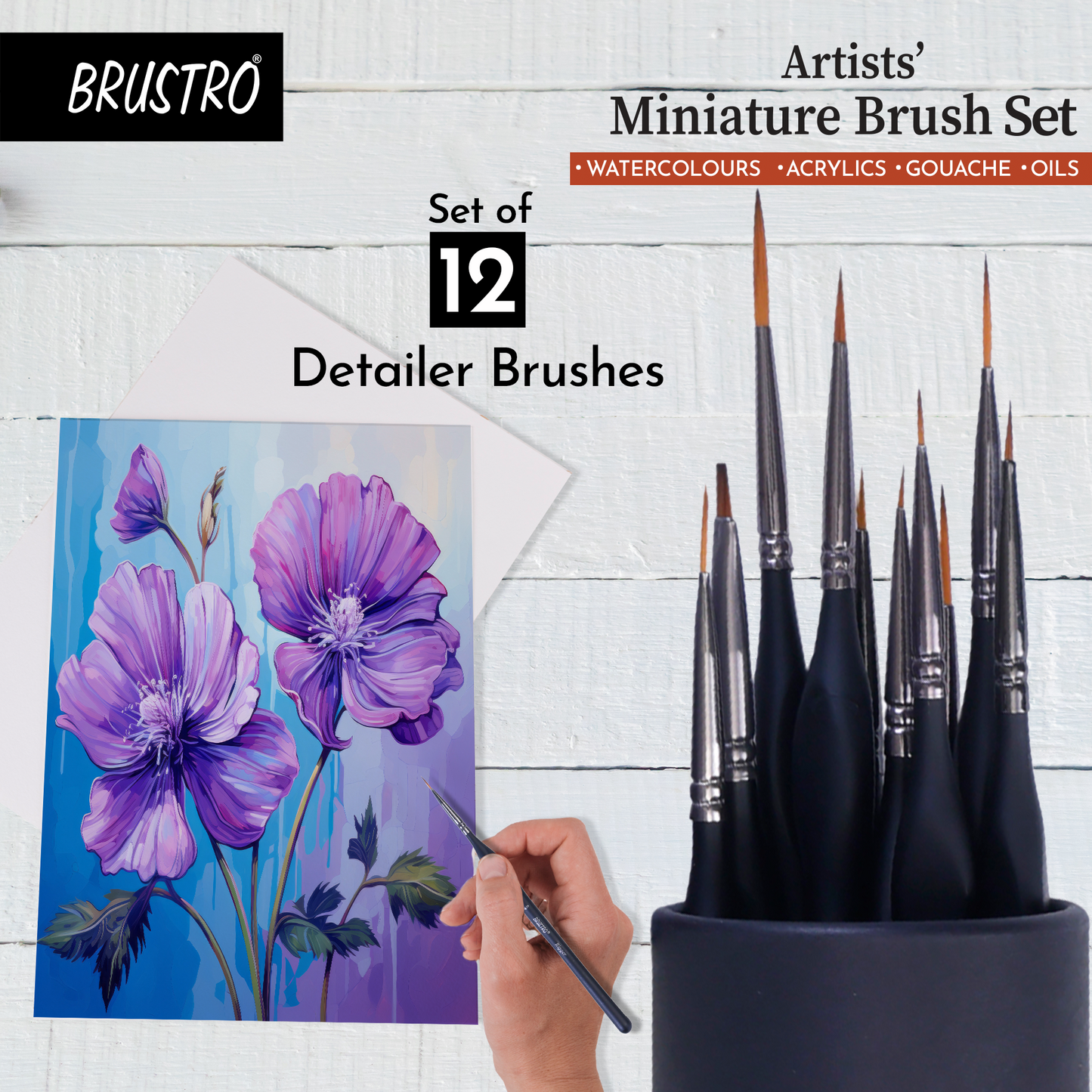 BRUSTRO Artists’ Miniature Precision Brushes - Set of 12 | Synthetic Bristles, Detail Fine Tip | Ideal for Watercolour, Acrylic, Gouache & Oil Colors , Art Painting Tools, Paint Brush Set.