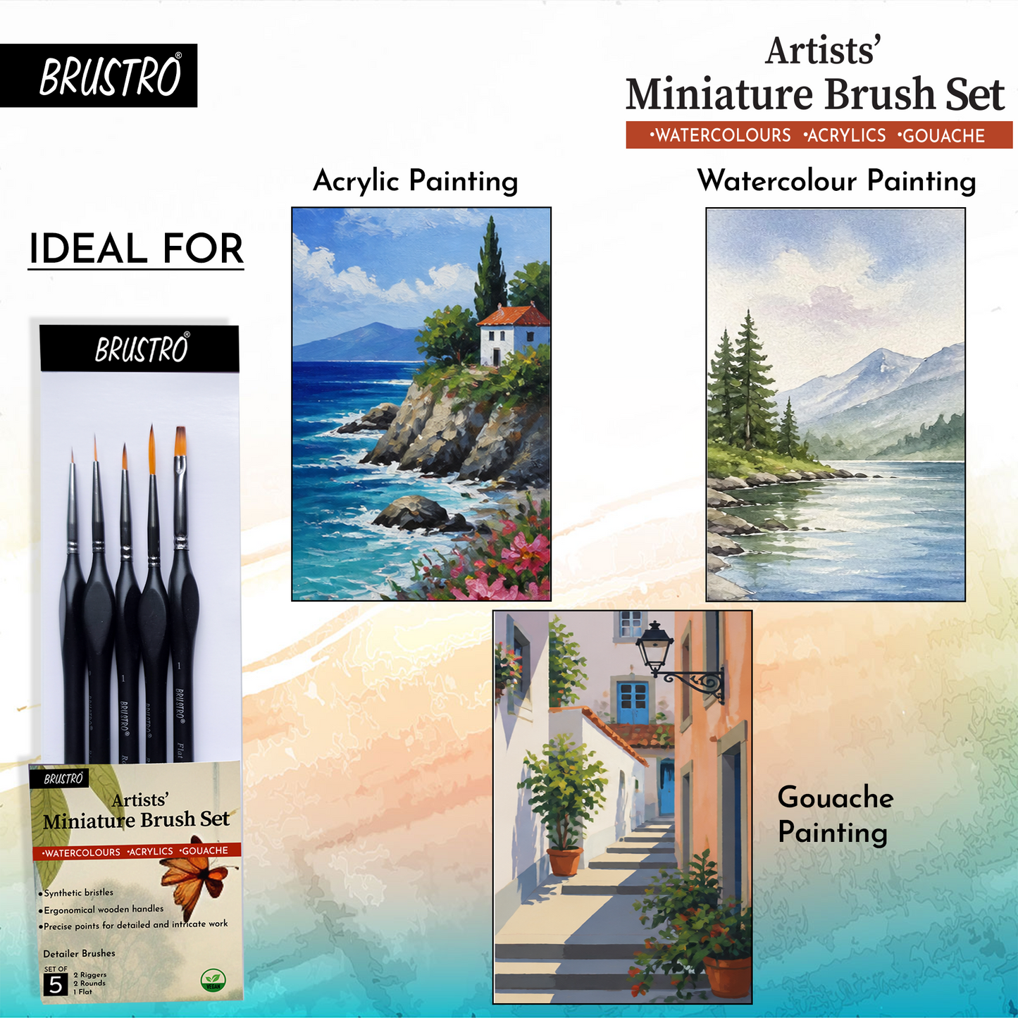 BRUSTRO Artists’ Miniature Precision Brushes - Set of 5 | Synthetic Bristles, Detail Fine Tip | Ideal for Watercolour, Acrylic, Gouache & Oil Colors, Art Painting Tools, Paint Brush Set.