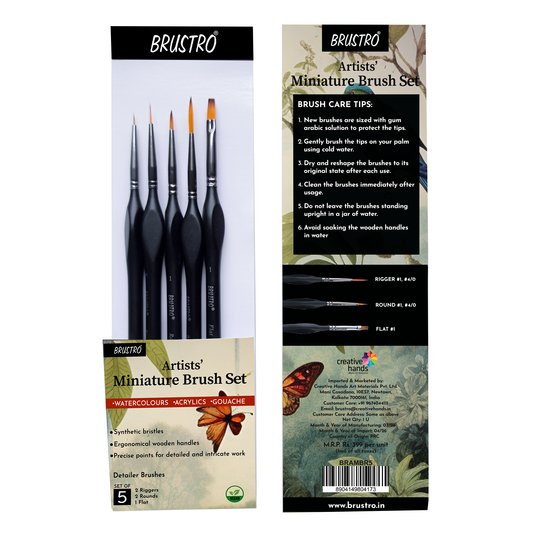 BRUSTRO Artists’ Miniature Precision Brushes - Set of 5 | Synthetic Bristles, Detail Fine Tip | Ideal for Watercolour, Acrylic, Gouache & Oil Colors, Art Painting Tools, Paint Brush Set.