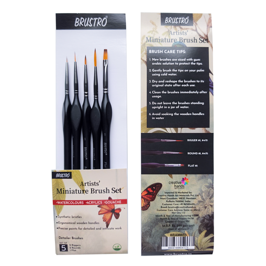 BRUSTRO Artists’ Miniature Precision Brushes - Set of 5 | Synthetic Bristles, Detail Fine Tip | Ideal for Watercolour, Acrylic, Gouache & Oil Colors, Art Painting Tools, Paint Brush Set.