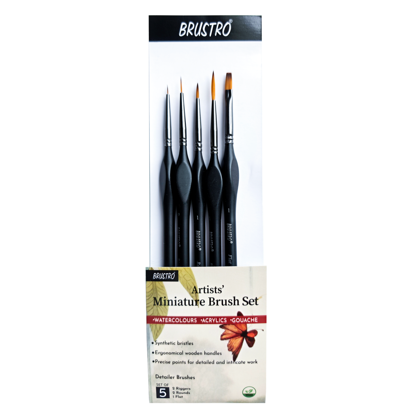 BRUSTRO Artists’ Miniature Precision Brushes - Set of 5 | Synthetic Bristles, Detail Fine Tip | Ideal for Watercolour, Acrylic, Gouache & Oil Colors, Art Painting Tools, Paint Brush Set.