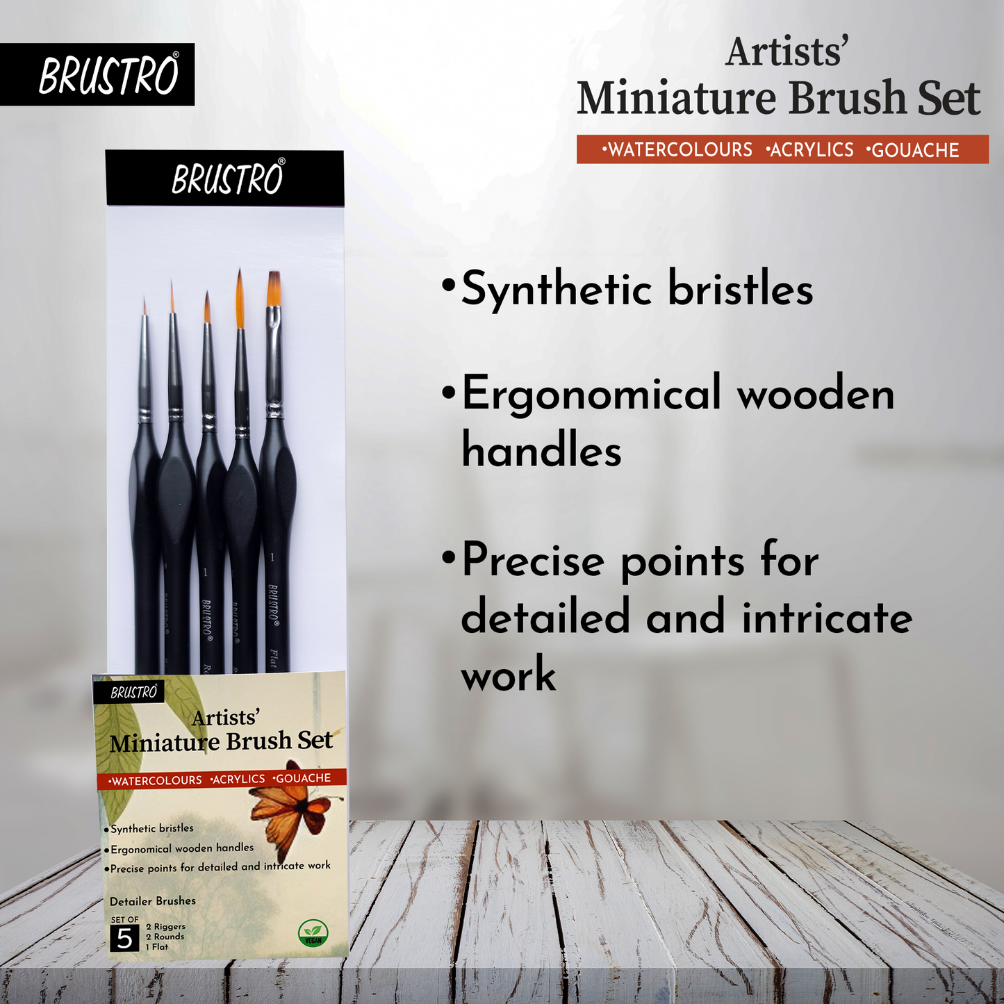 BRUSTRO Artists’ Miniature Precision Brushes - Set of 5 | Synthetic Bristles, Detail Fine Tip | Ideal for Watercolour, Acrylic, Gouache & Oil Colors, Art Painting Tools, Paint Brush Set.