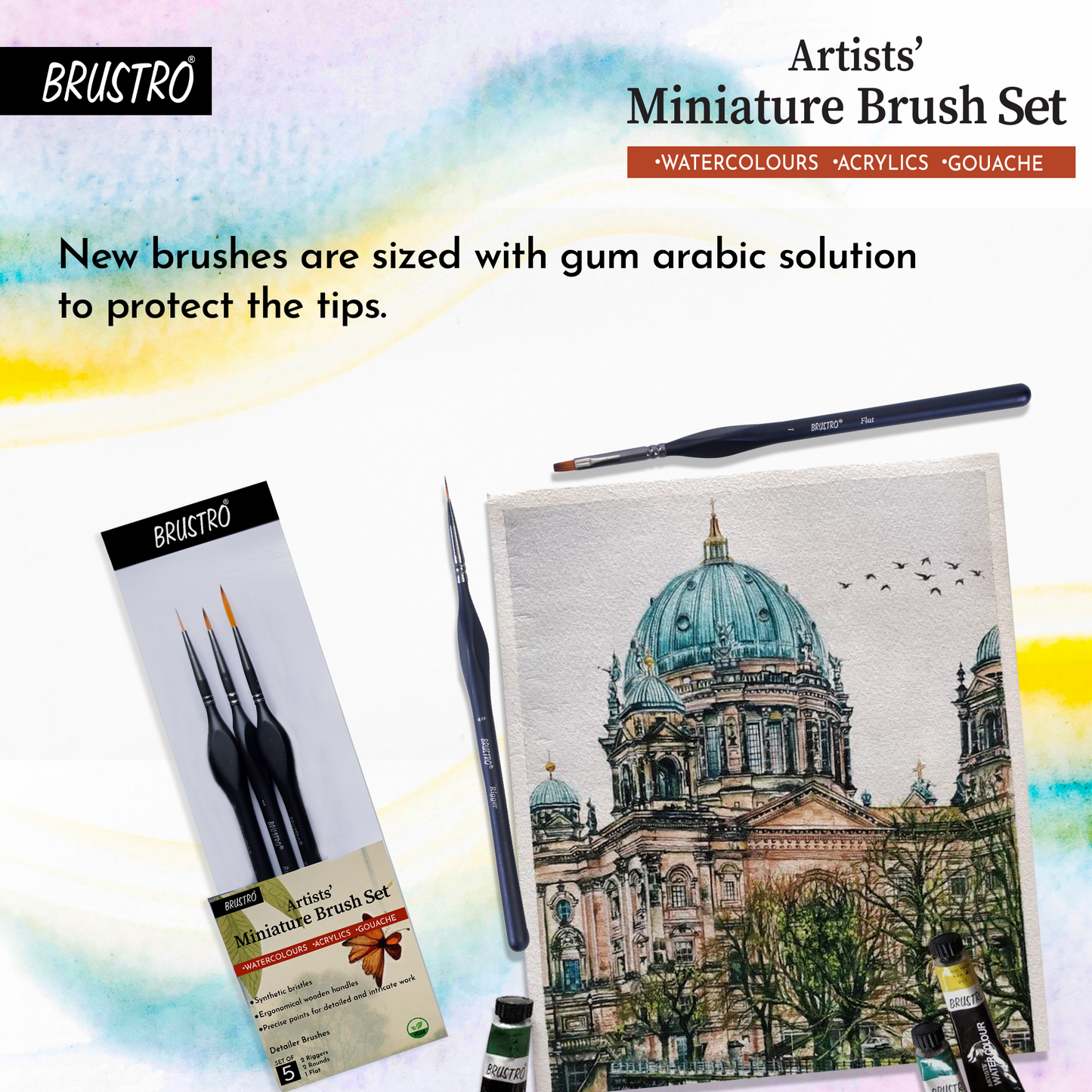 BRUSTRO Artists’ Miniature Precision Brushes - Set of 5 | Synthetic Bristles, Detail Fine Tip | Ideal for Watercolour, Acrylic, Gouache & Oil Colors, Art Painting Tools, Paint Brush Set.