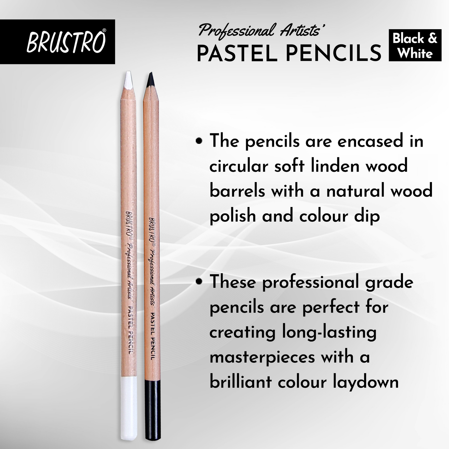 Brustro Professional Artists’ Pastel Pencils - Set of 6 (3 Black and 3 White), Break-Resistant 4mm Leads, Pre-Sharpened and Easily Erasable for Smooth Blending and Lightfast Artwork