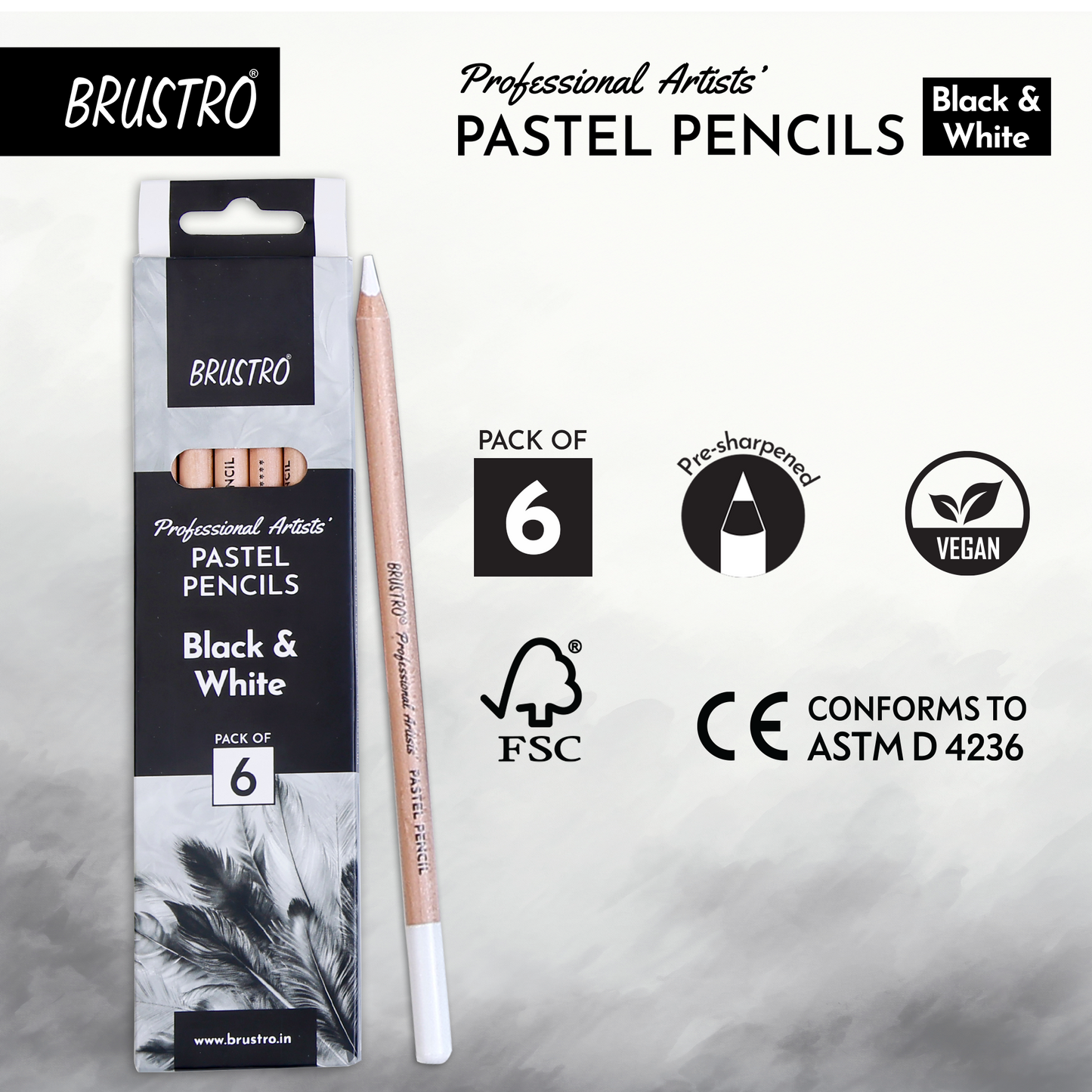 Brustro Professional Artists’ Pastel Pencils - Set of 6 (3 Black and 3 White), Break-Resistant 4mm Leads, Pre-Sharpened and Easily Erasable for Smooth Blending and Lightfast Artwork