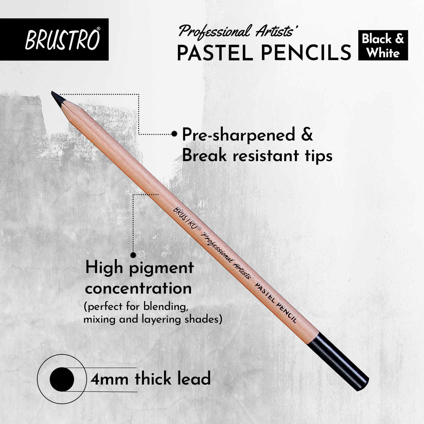 Brustro Professional Artists’ Pastel Pencils - Set of 6 (3 Black and 3 White), Break-Resistant 4mm Leads, Pre-Sharpened and Easily Erasable for Smooth Blending and Lightfast Artwork