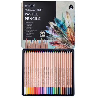 BRUSTRO Artists Pastel Pencils Set of 24 Shades 4mm Lead Break  Resistant, Erasable, High Pigmented, Vibrant Colours Ideal for Drawing, 