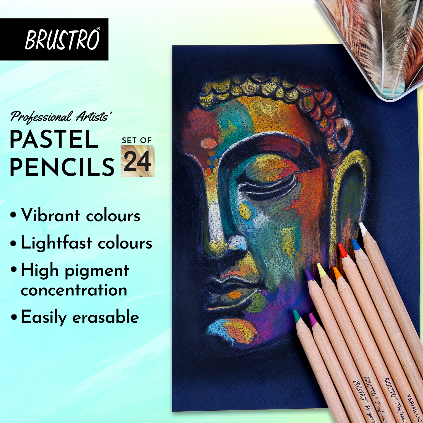 BRUSTRO Artists Pastel Pencils - Set of 24 Shades - 4mm Lead | Break Resistant, Erasable, High Pigmented, Vibrant Colours | Ideal for Drawing, Sketching, Mandala, Shading, Portrait, Fine Art Students.