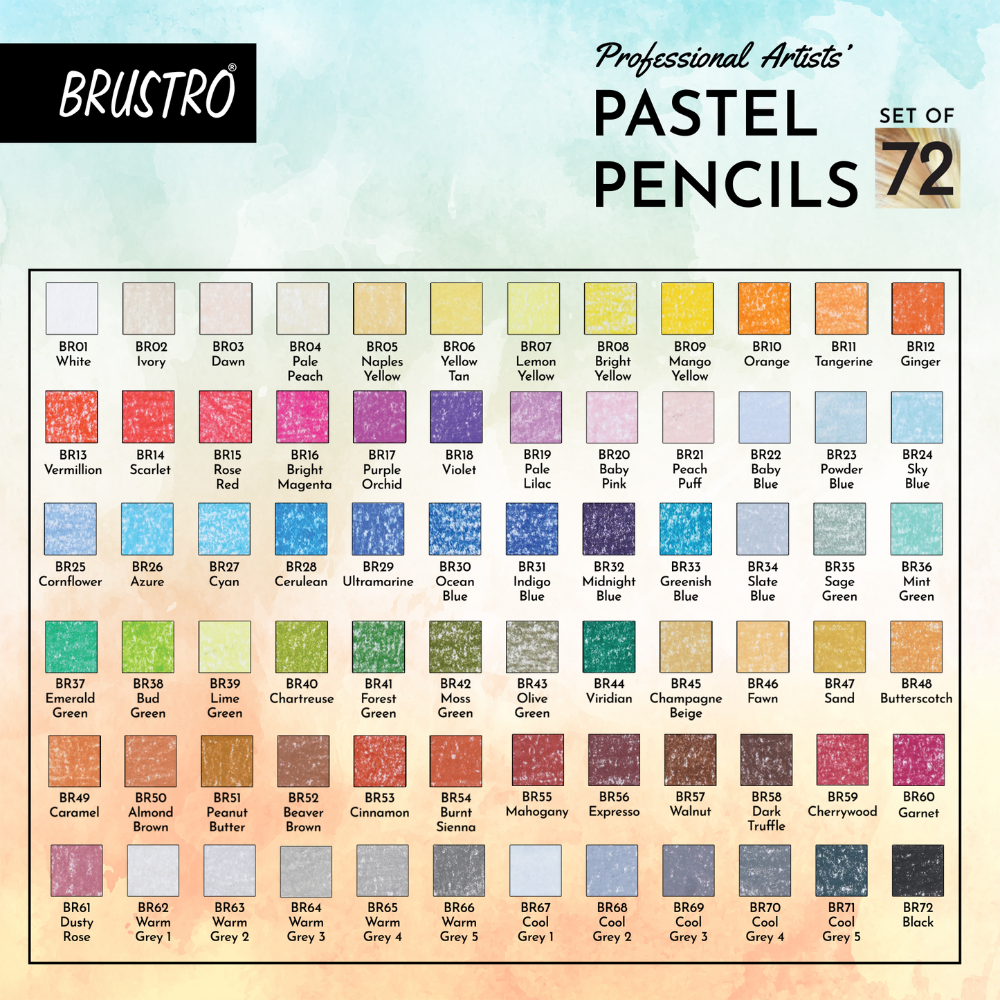 BRUSTRO Artists Pastel Pencils - Set of 72 Shades - 4mm Lead | Break Resistant, Erasable, High Pigmented, Vibrant Colours | Ideal for Drawing, Sketching, Mandala, Shading, Portrait, Fine Art Students.