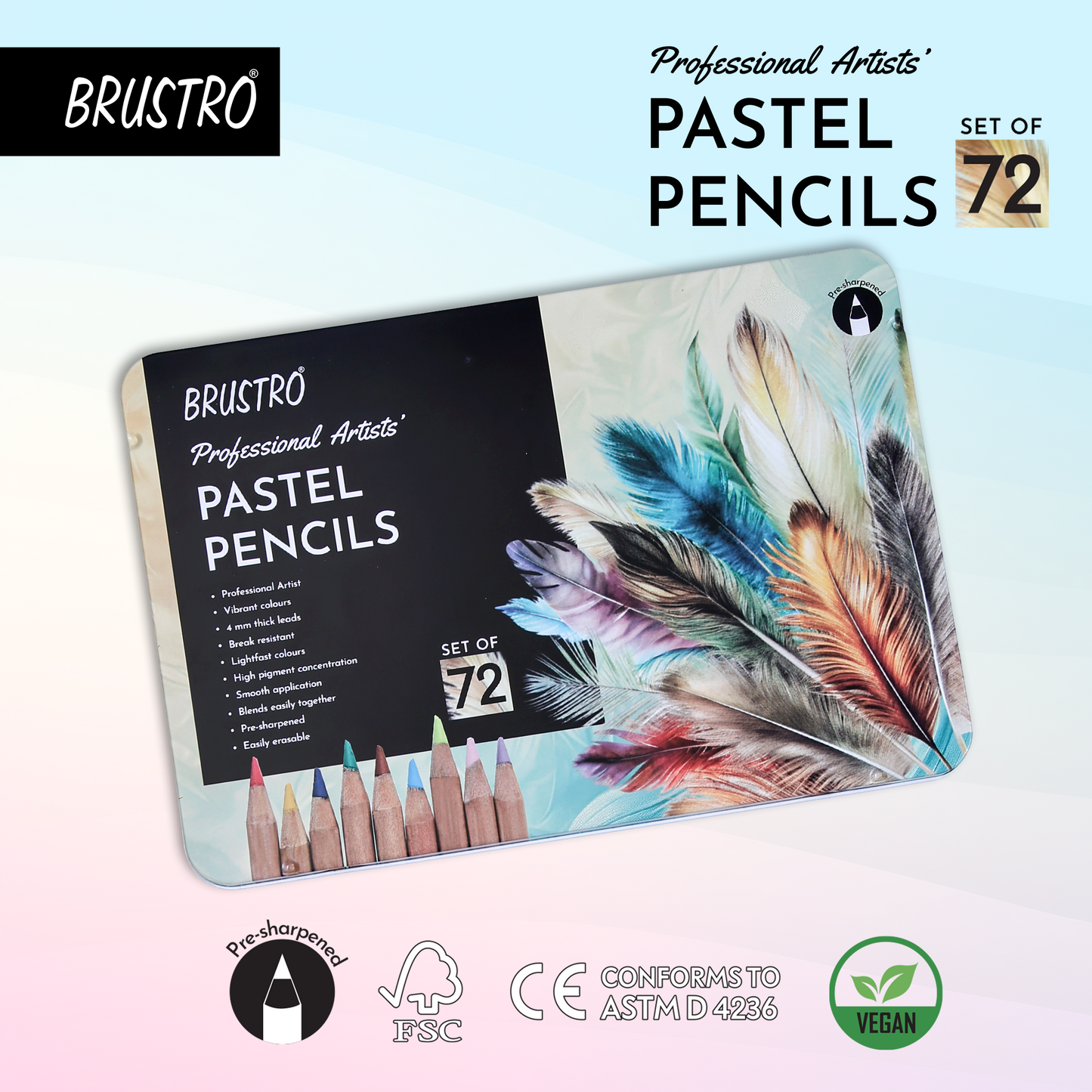 BRUSTRO Artists Pastel Pencils - Set of 72 Shades - 4mm Lead | Break Resistant, Erasable, High Pigmented, Vibrant Colours | Ideal for Drawing, Sketching, Mandala, Shading, Portrait, Fine Art Students.