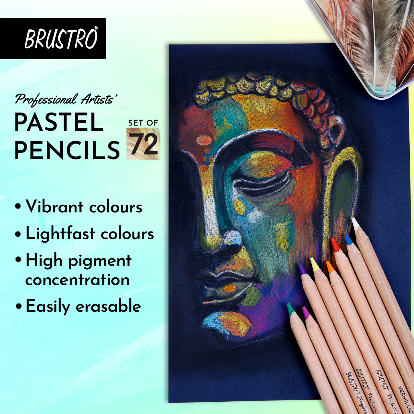 BRUSTRO Artists Pastel Pencils - Set of 72 Shades - 4mm Lead | Break Resistant, Erasable, High Pigmented, Vibrant Colours | Ideal for Drawing, Sketching, Mandala, Shading, Portrait, Fine Art Students.