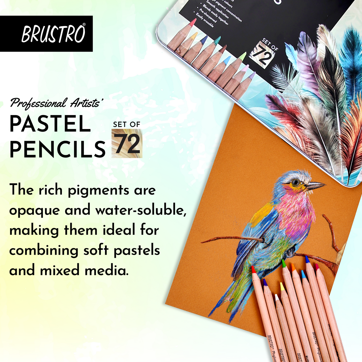 BRUSTRO Artists Pastel Pencils - Set of 72 Shades - 4mm Lead | Break Resistant, Erasable, High Pigmented, Vibrant Colours | Ideal for Drawing, Sketching, Mandala, Shading, Portrait, Fine Art Students.