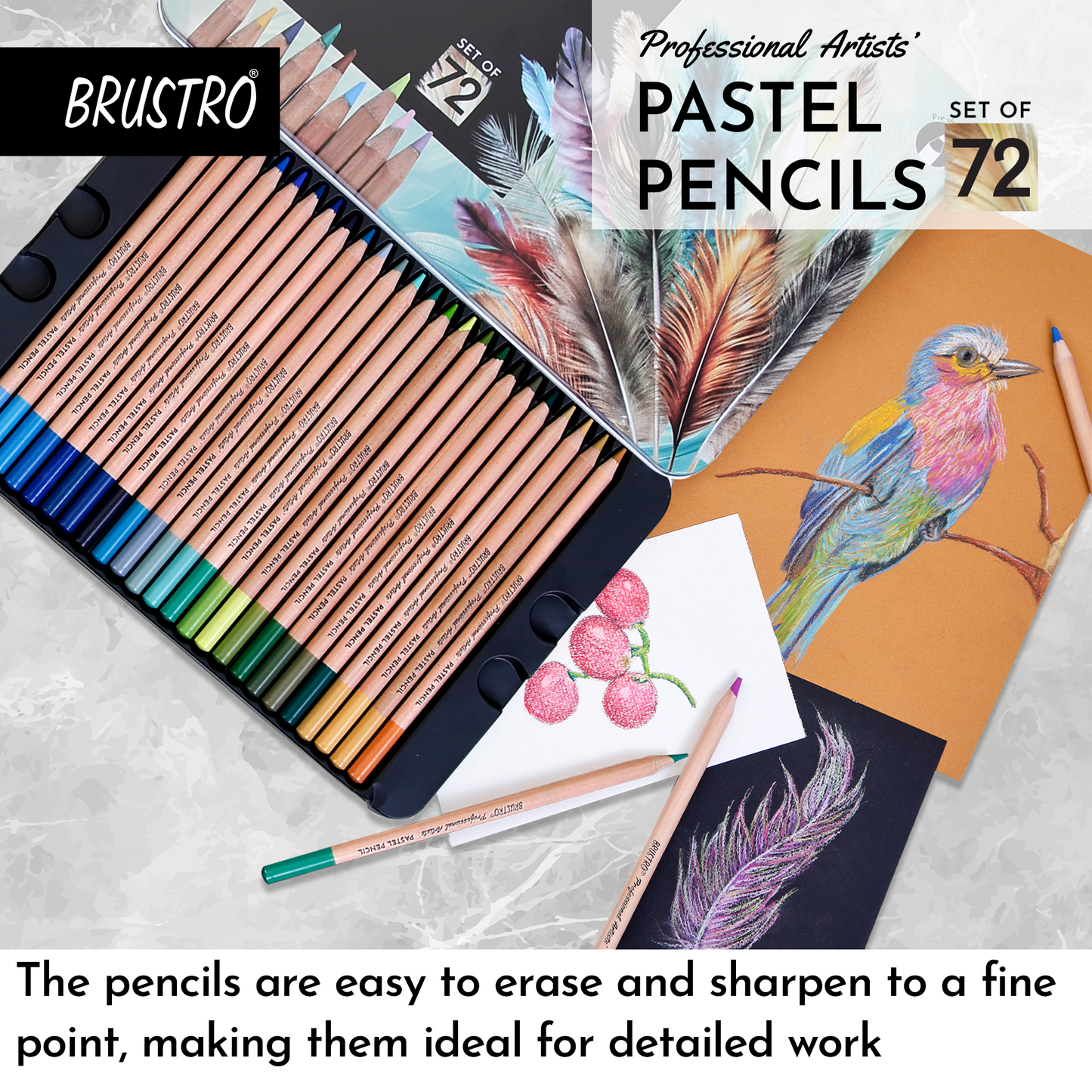 BRUSTRO Artists Pastel Pencils - Set of 72 Shades - 4mm Lead | Break Resistant, Erasable, High Pigmented, Vibrant Colours | Ideal for Drawing, Sketching, Mandala, Shading, Portrait, Fine Art Students.