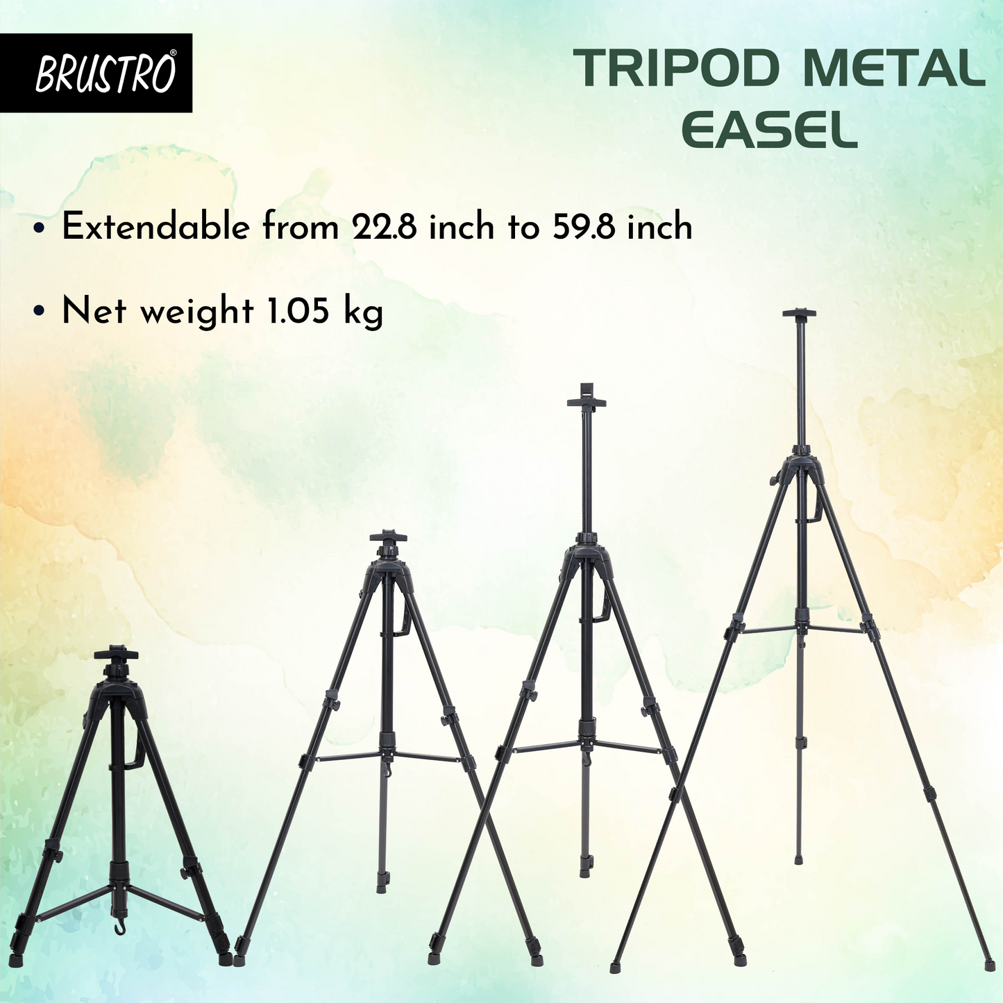 Brustro Artists Pro Art Tripod Metal Folding Easel (Black Color) Free Weatherproof Carry Bag, Holds Canvas Upto 30".