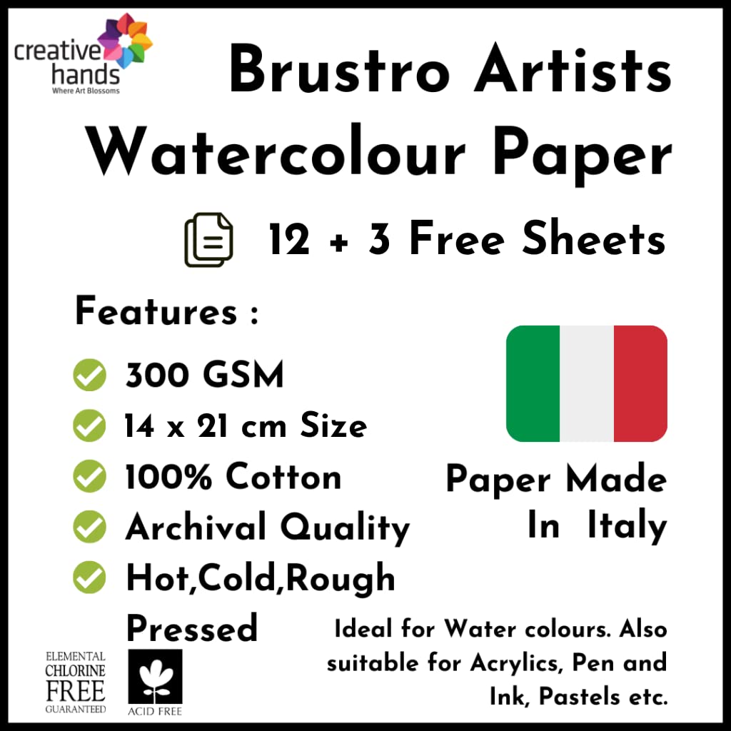 Brustro Artists’ Watercolour Papers 300 GSM 14 X 21 CM ( Assorted HP,CP,Rough) Pack of 12 + 3 Free Sheets