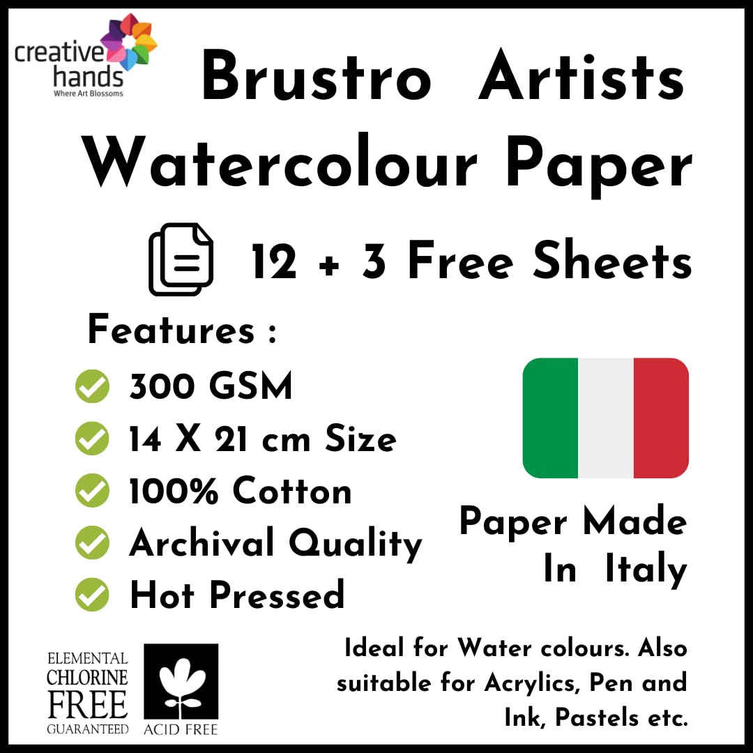 Brustro Artists’ Watercolour Paper 300 GSM 14 cm x 21 cm Hot Pressed (Pack of 12 + 3 Free Sheets)