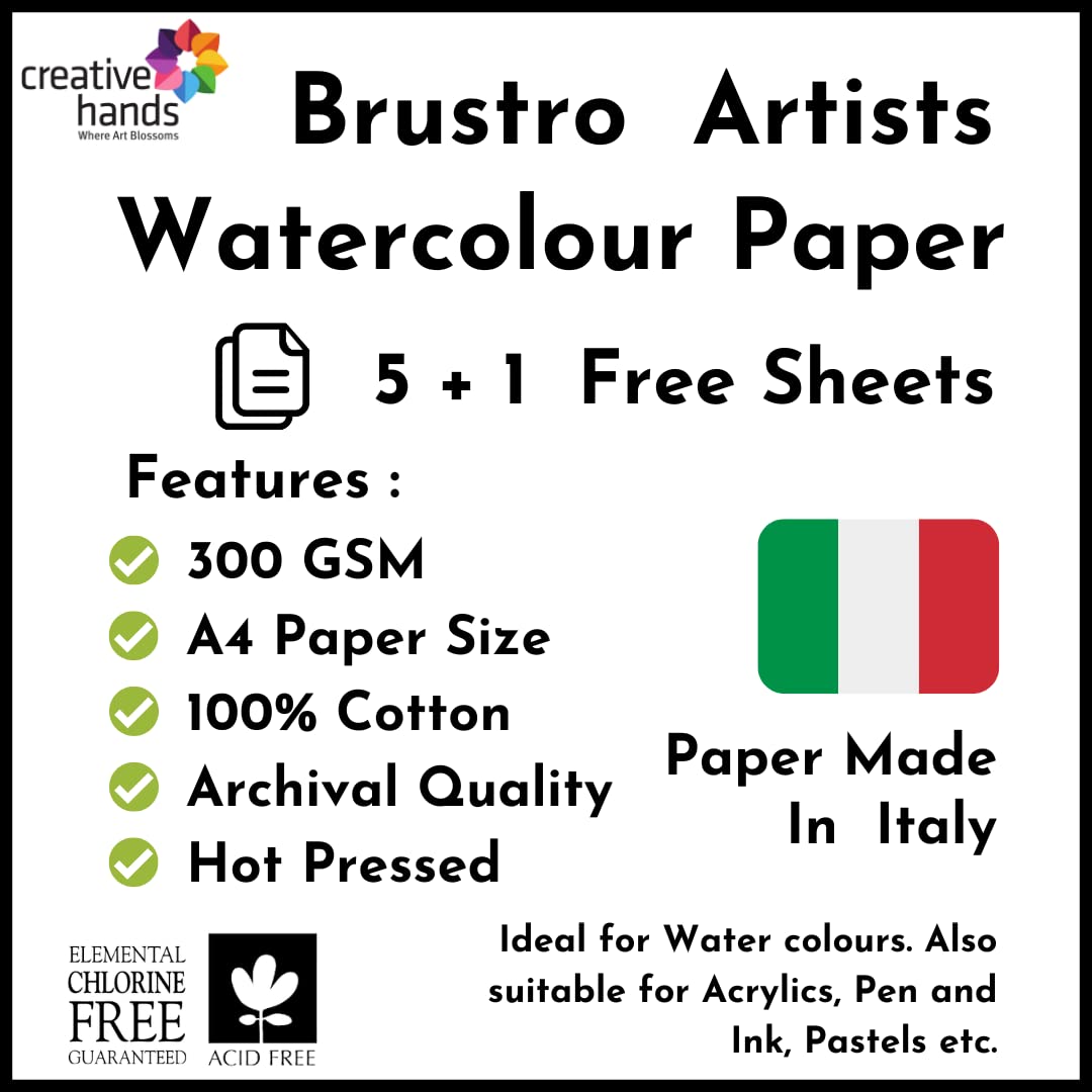 Brustro Artists' Watercolour Papers 100% Cotton 300 GSM A4 Hot Pressed (Pack of 5+1 Free Sheet)
