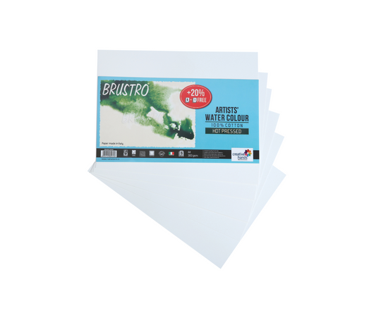 Brustro Artists' Watercolour Papers 100% Cotton 300 GSM A4 Hot Pressed (Pack of 5+1 Free Sheet)