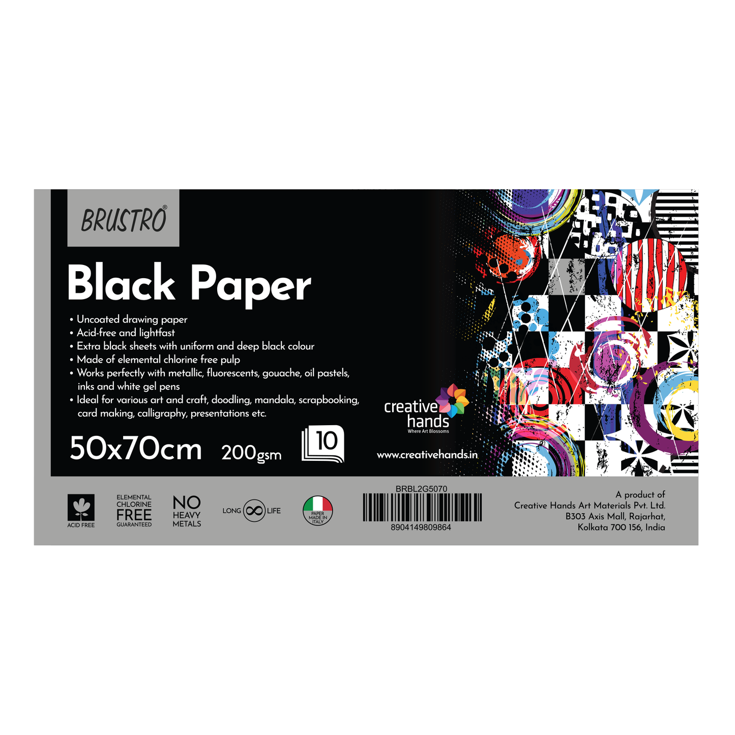 Brustro Black Paper - 200 GSM 50 cm x 70 cm (Pack of 10 Sheets)