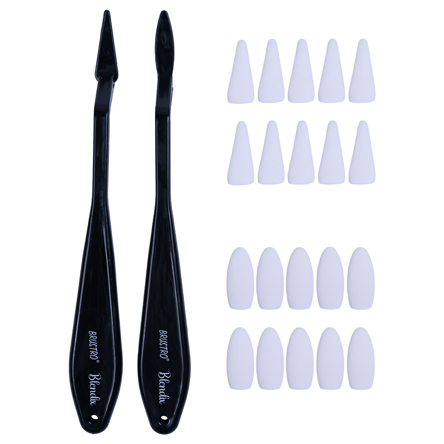 BRUSTRO Blendix Flexible Spongehead Soft Palette Knives | Set of 2 Ergonomic Handles with 10 Triangular & 10 Oval Sponge Blender | Ideal for Blending , Smudging With Graphite , Charcoal and Pastels.