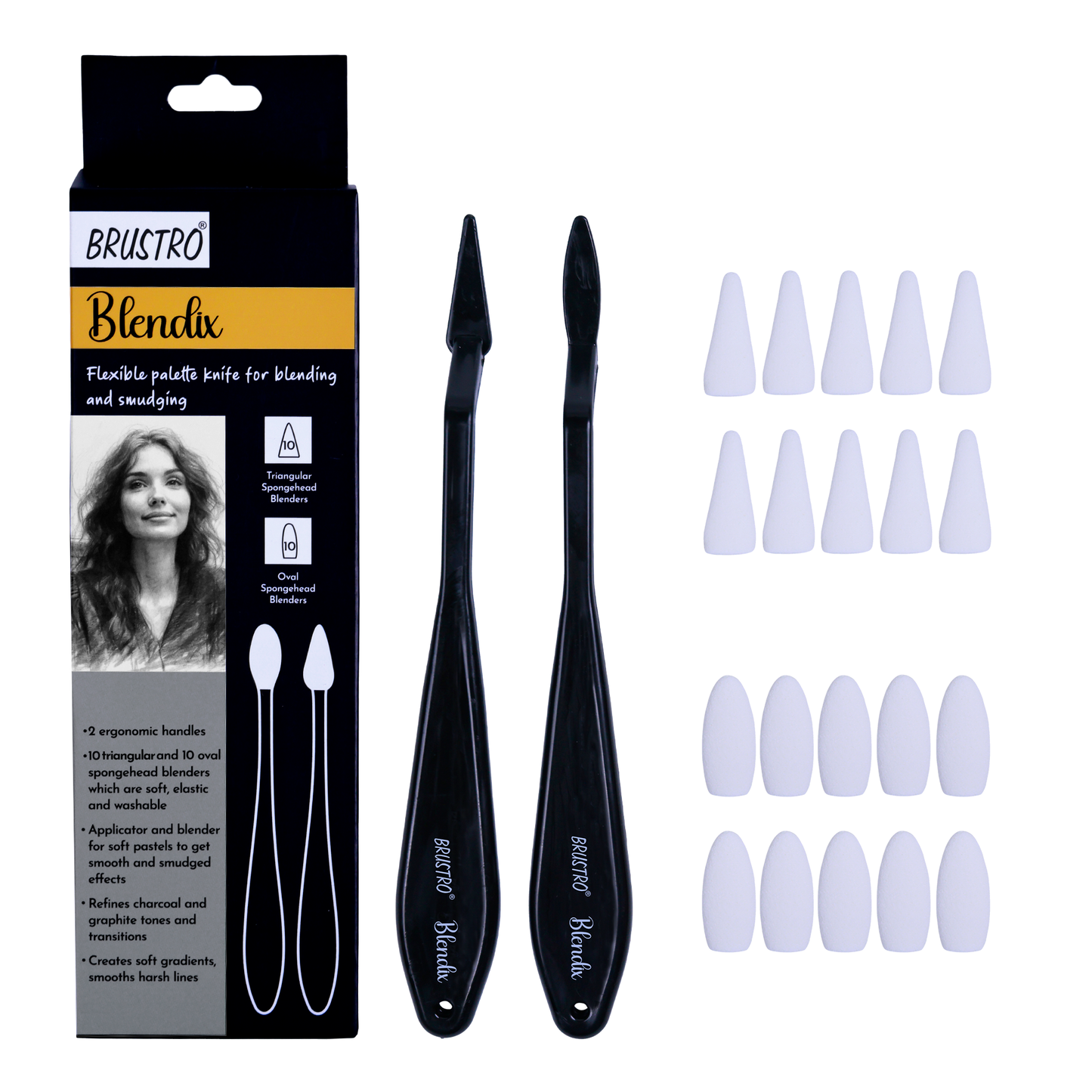 BRUSTRO Blendix Flexible Spongehead Soft Palette Knives | Set of 2 Ergonomic Handles with 10 Triangular & 10 Oval Sponge Blender | Ideal for Blending , Smudging With Graphite , Charcoal and Pastels.