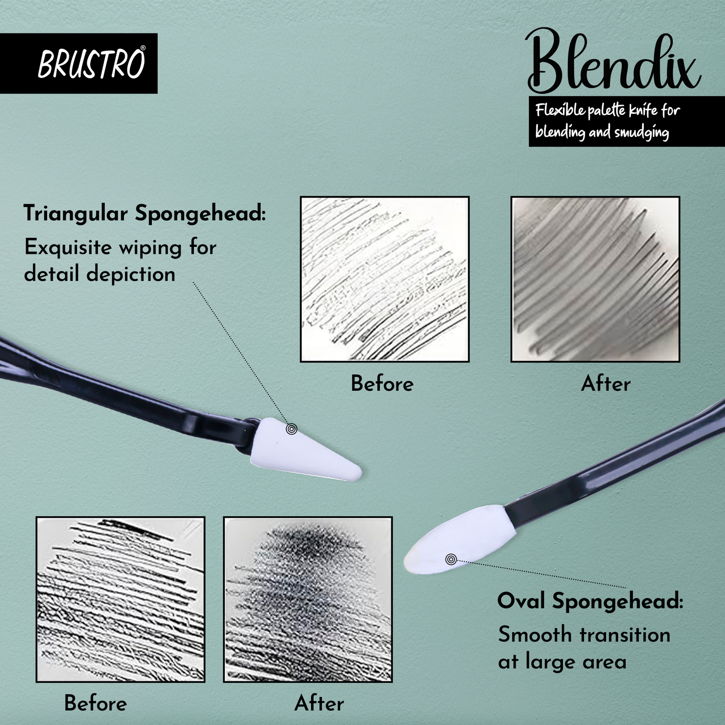 BRUSTRO Blendix Flexible Spongehead Soft Palette Knives | Set of 2 Ergonomic Handles with 10 Triangular & 10 Oval Sponge Blender | Ideal for Blending , Smudging With Graphite , Charcoal and Pastels.