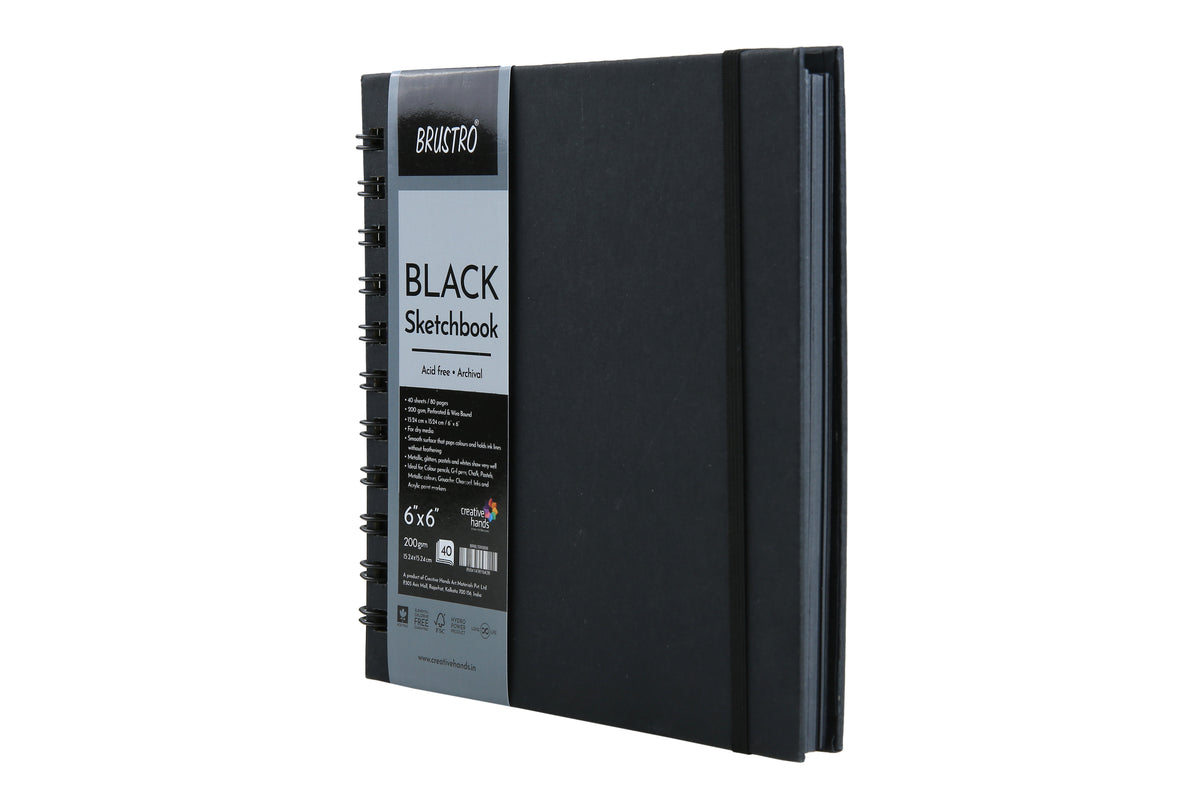 Brustro Wiro Bound Black Sketchbook, 200 GSM, 40 Sheets, 6x6 Inches With Assorted Gel Pen, Set of 3, 1mm Metal Tip (White, Gold and Silver), Opaque Viscous Ink| Ideal for Drawing, Sketching, Colouring