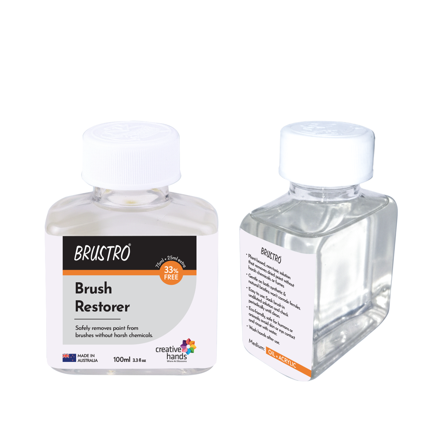 Brustro Brush Restorer | 100 ml (75ml+25ml Free), Non- Toxic, Plant-Based | Ideal for Natural and Synthetic Bristles, Oil and Acrylic Paints, Professional Artists and Fine Art Students